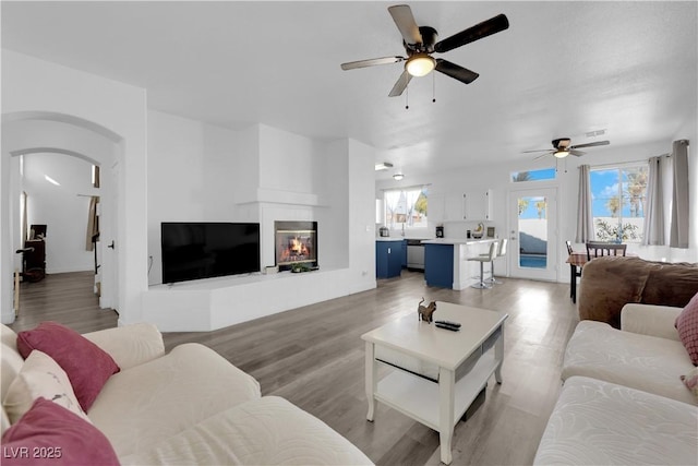 living room with light hardwood / wood-style flooring and ceiling fan