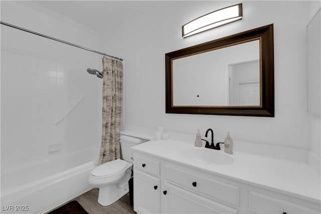 full bathroom with toilet, wood-type flooring, ornamental molding, vanity, and shower / bath combo