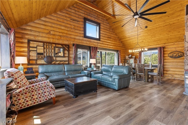 living room featuring wooden ceiling, wood-type flooring, log walls, and high vaulted ceiling