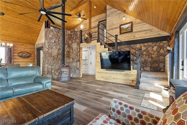 unfurnished living room with wood walls, ceiling fan, high vaulted ceiling, wood-type flooring, and wood ceiling