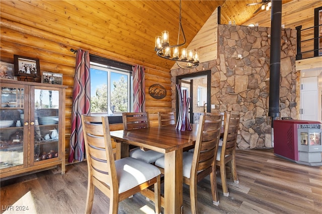 unfurnished dining area with a wood stove, high vaulted ceiling, dark hardwood / wood-style flooring, and wooden ceiling