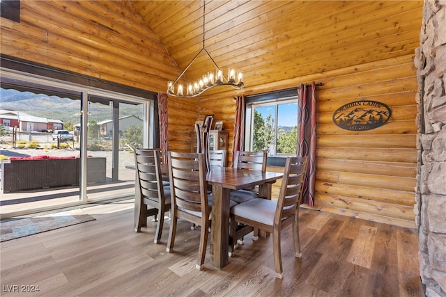 unfurnished dining area featuring high vaulted ceiling, a chandelier, hardwood / wood-style flooring, and wooden ceiling