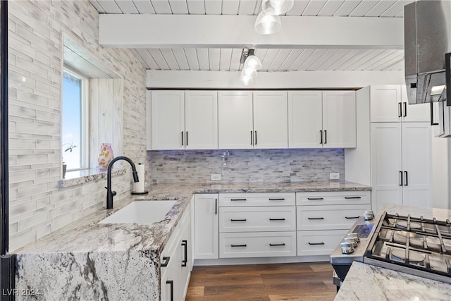 kitchen with light stone counters, white cabinets, sink, tasteful backsplash, and dark hardwood / wood-style floors