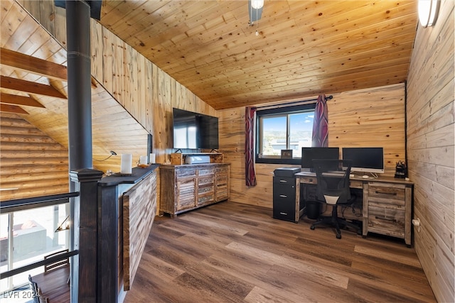 home office featuring dark hardwood / wood-style flooring, lofted ceiling, and wooden ceiling