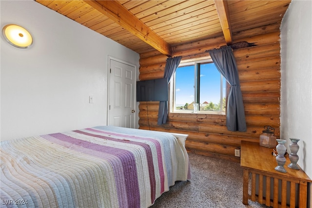 bedroom featuring beamed ceiling, log walls, and wood ceiling