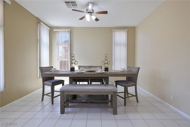 dining room featuring ceiling fan, visible vents, and baseboards