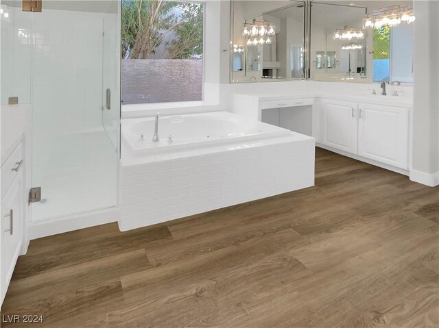 bathroom featuring plus walk in shower, vanity, and wood-type flooring