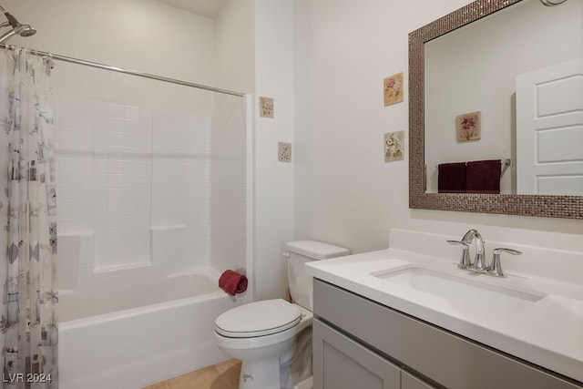 full bathroom featuring vanity, toilet, shower / tub combo with curtain, and tile patterned floors