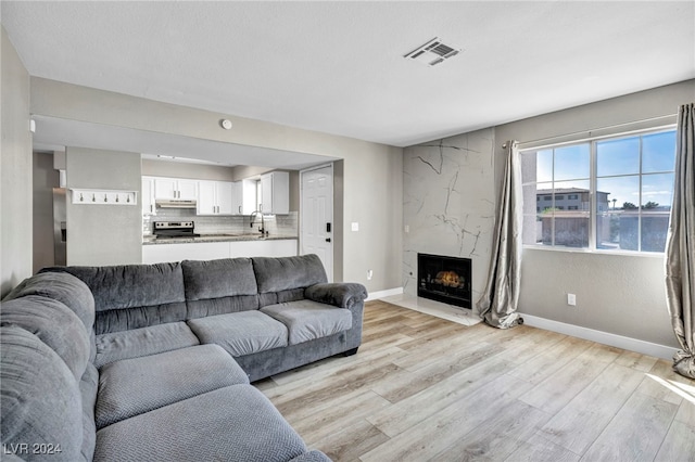 living room featuring light wood-type flooring, a premium fireplace, and sink