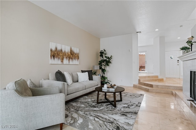 living room with a fireplace