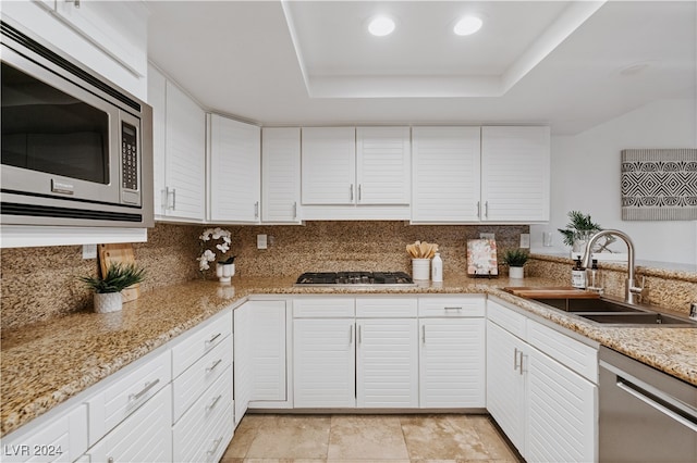 kitchen with white cabinetry, stainless steel appliances, a tray ceiling, and sink