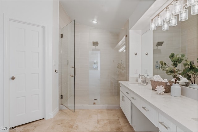 bathroom with vanity, tile patterned flooring, vaulted ceiling, and walk in shower