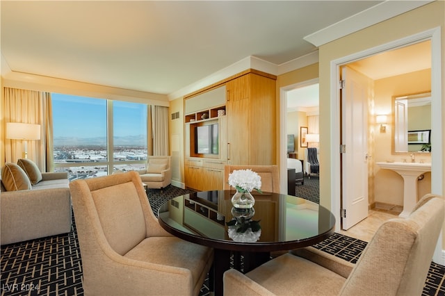 dining space with carpet flooring