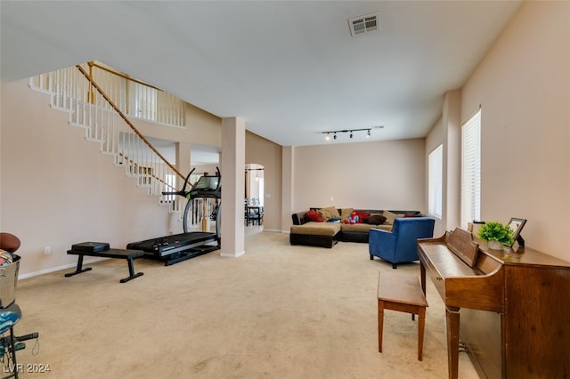 carpeted living room featuring track lighting