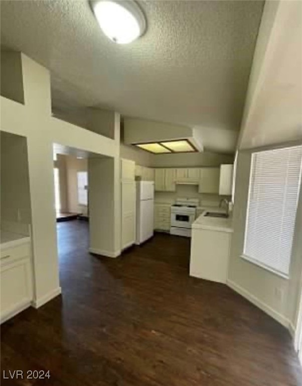 kitchen with a textured ceiling, white appliances, sink, and dark hardwood / wood-style floors