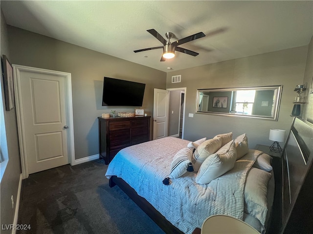 carpeted bedroom featuring ceiling fan