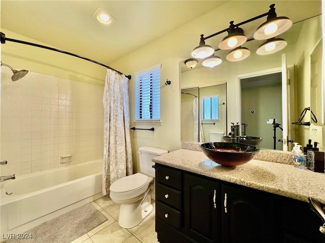 full bathroom with shower / tub combo, vanity, toilet, and tile patterned flooring