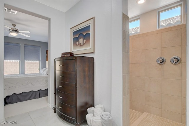 bathroom featuring visible vents, ceiling fan, ensuite bathroom, walk in shower, and tile patterned floors