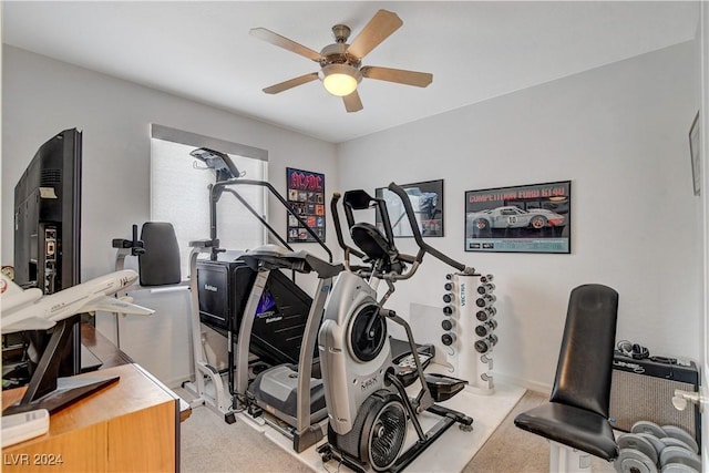 workout area featuring carpet flooring and a ceiling fan