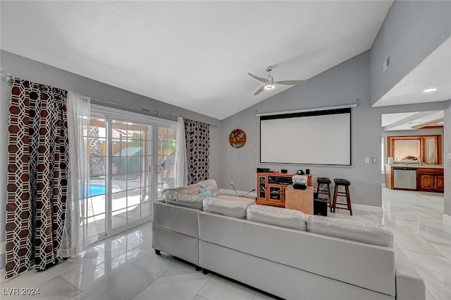 cinema featuring vaulted ceiling and ceiling fan