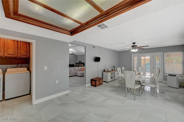 dining area with crown molding, ceiling fan, and french doors