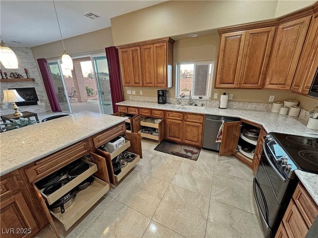 kitchen with sink, decorative light fixtures, black electric range, a large fireplace, and dishwasher