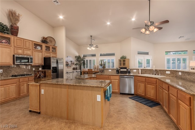 kitchen with a large island, sink, stainless steel appliances, and a wealth of natural light