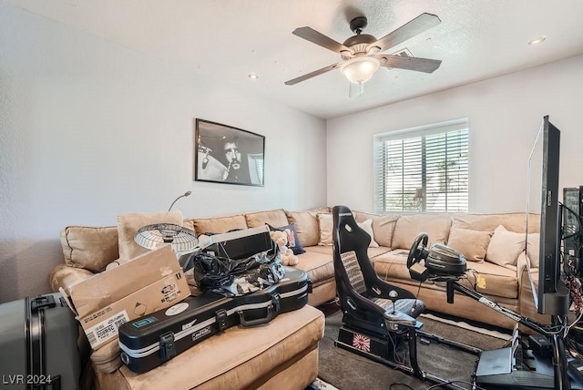 living area with carpet and ceiling fan