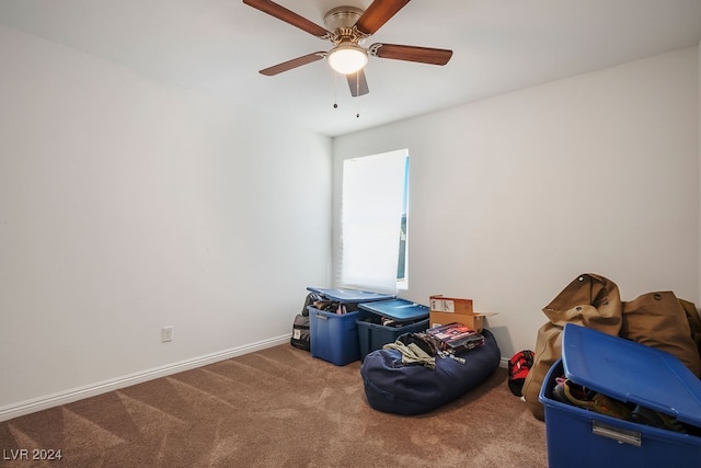 misc room with ceiling fan and carpet floors