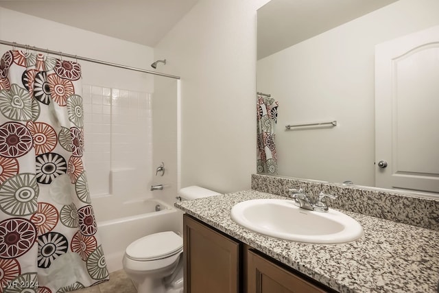 full bathroom featuring vanity, toilet, tile patterned floors, and shower / bathtub combination with curtain