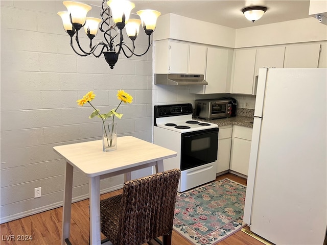 kitchen with light hardwood / wood-style floors, white appliances, white cabinets, and a notable chandelier