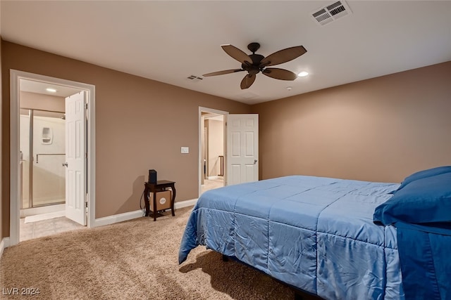 bedroom featuring ceiling fan and light colored carpet