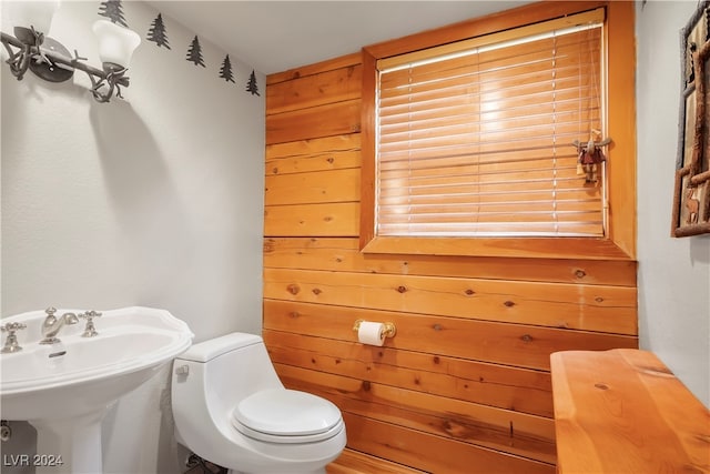 bathroom with toilet, sink, and wooden walls