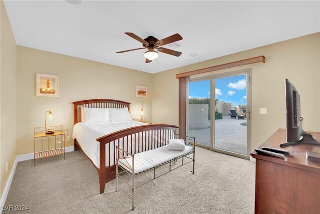 carpeted bedroom with access to outside and ceiling fan