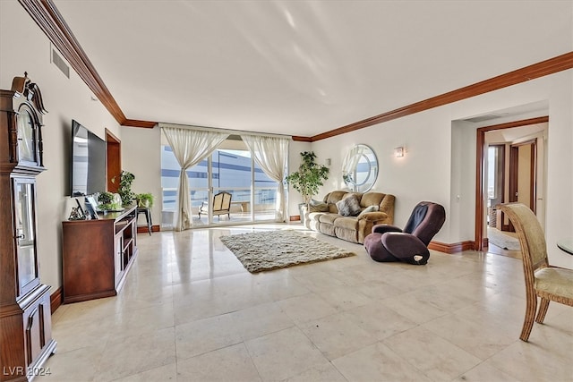 living room featuring crown molding