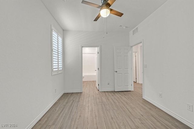 unfurnished bedroom featuring light hardwood / wood-style flooring and ceiling fan