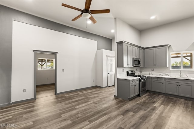 kitchen featuring a wealth of natural light, stainless steel appliances, gray cabinetry, and ceiling fan