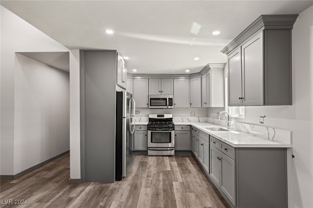 kitchen featuring gray cabinetry, stainless steel appliances, sink, and hardwood / wood-style floors