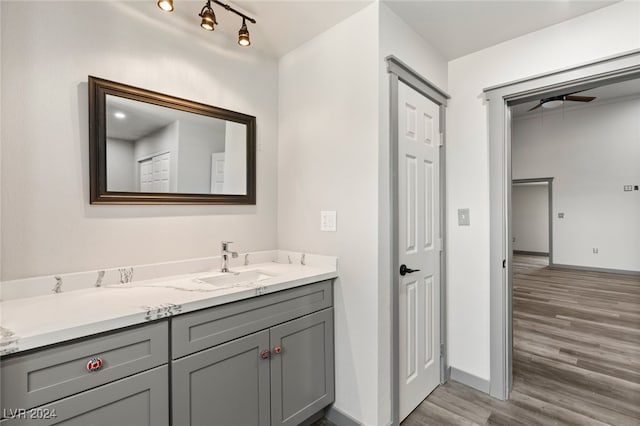 bathroom with vanity, hardwood / wood-style flooring, and ceiling fan