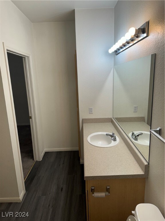 bathroom featuring vanity, toilet, and wood-type flooring