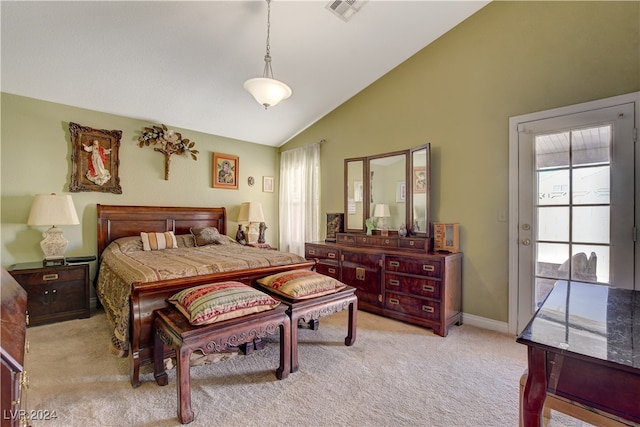 bedroom featuring high vaulted ceiling, light colored carpet, and access to exterior