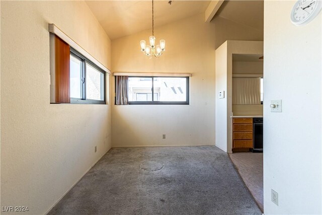 carpeted spare room featuring beamed ceiling, high vaulted ceiling, and a notable chandelier