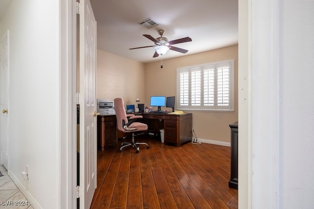 office space with dark hardwood / wood-style flooring and ceiling fan