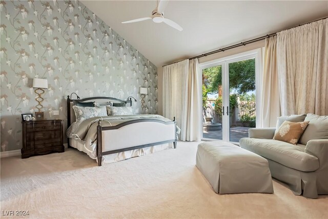 carpeted bedroom with access to outside, ceiling fan, and lofted ceiling