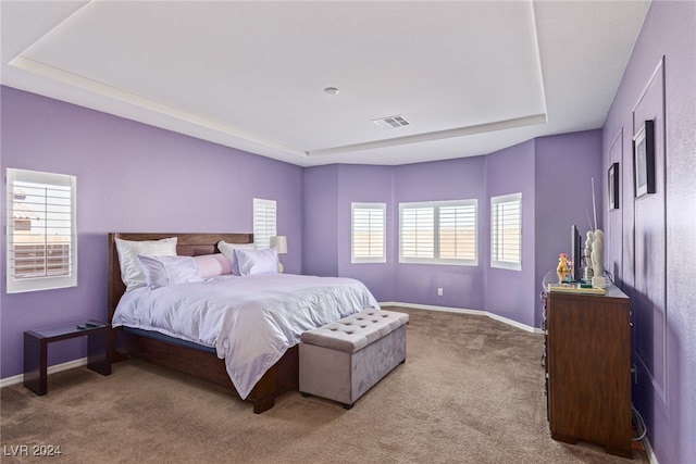 bedroom featuring light colored carpet and a tray ceiling