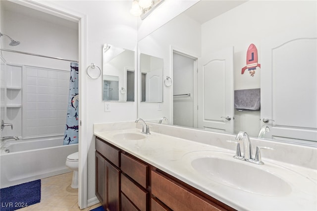 full bathroom with vanity, toilet, shower / tub combo, and tile patterned flooring