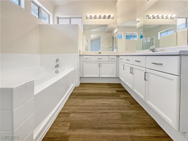 bathroom featuring a tub, a healthy amount of sunlight, wood-type flooring, and vanity