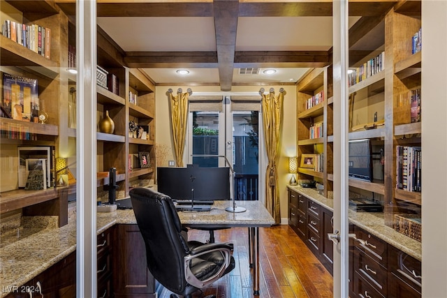 office space featuring built in desk, beamed ceiling, dark hardwood / wood-style flooring, coffered ceiling, and french doors