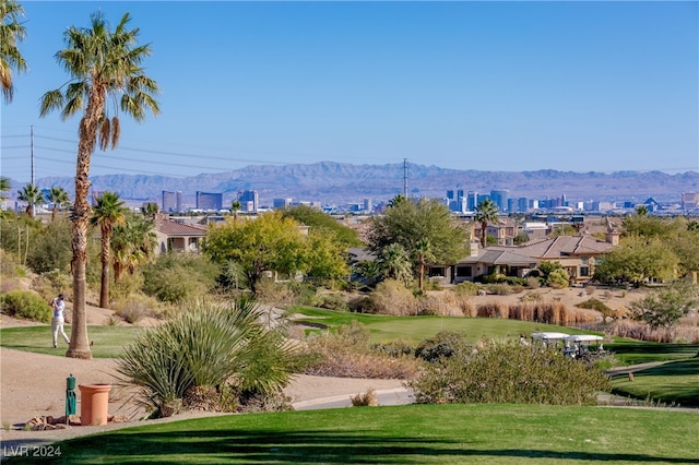 view of home's community with a lawn and a mountain view