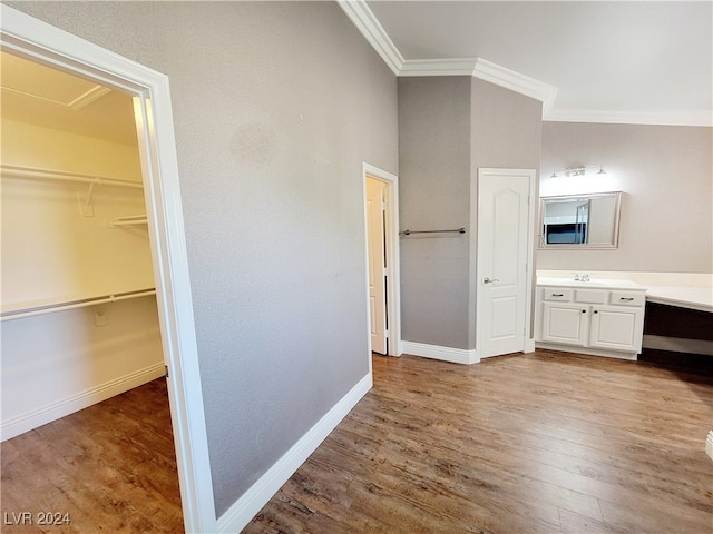 interior space featuring vanity, hardwood / wood-style floors, and ornamental molding